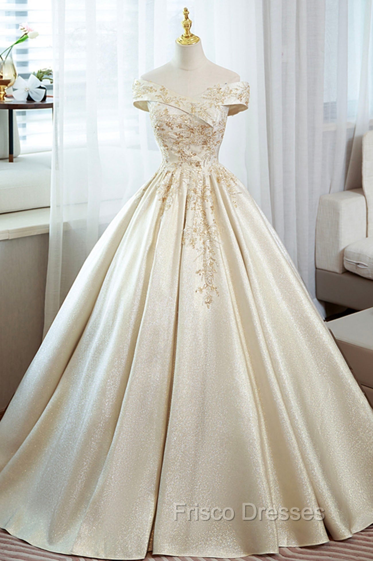 Champagne Satin Long Formal Prom Dress with Beaded, V-Neck Evening Party Dress Main image