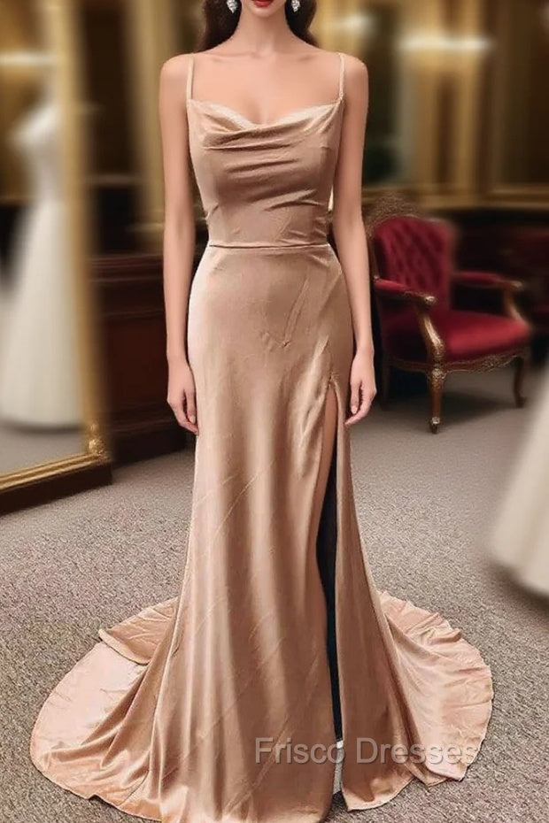 Champagne Satin Mermaid Spaghetti Straps Formal Prom Dress Main image