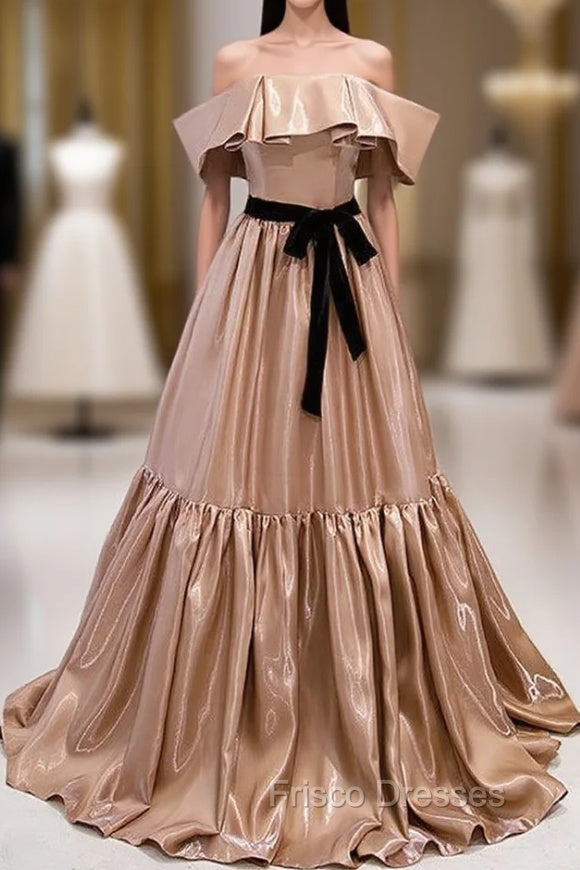 Champagne Satin Off the Shoulder Formal Prom Dress With Bow