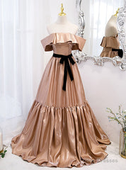 Champagne Satin Off the Shoulder Prom Dress With Bow