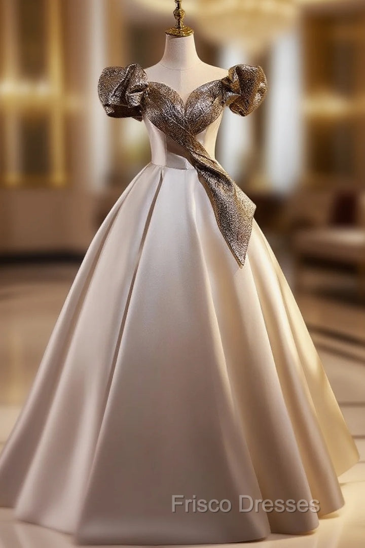 Champagne Satin Off the Shoulder Puff Sleeve Formal Prom Dress Main image