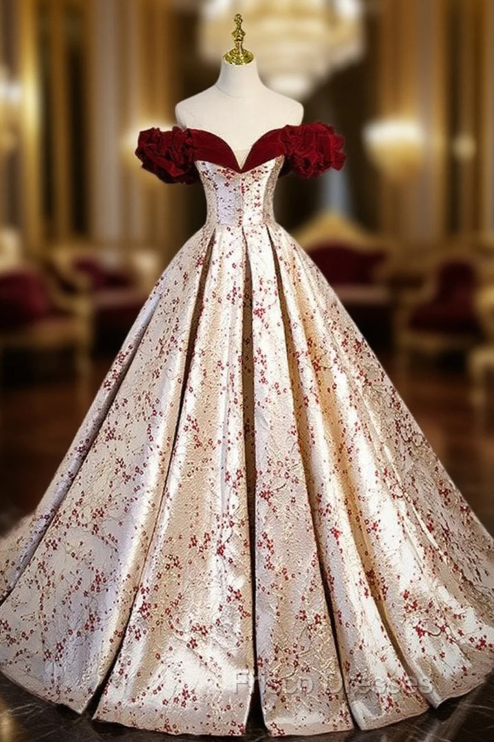 Champagne Satin Print Burgundy Velvet Formal Prom Dress