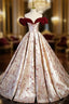Champagne Satin Print Burgundy Velvet Formal Prom Dress