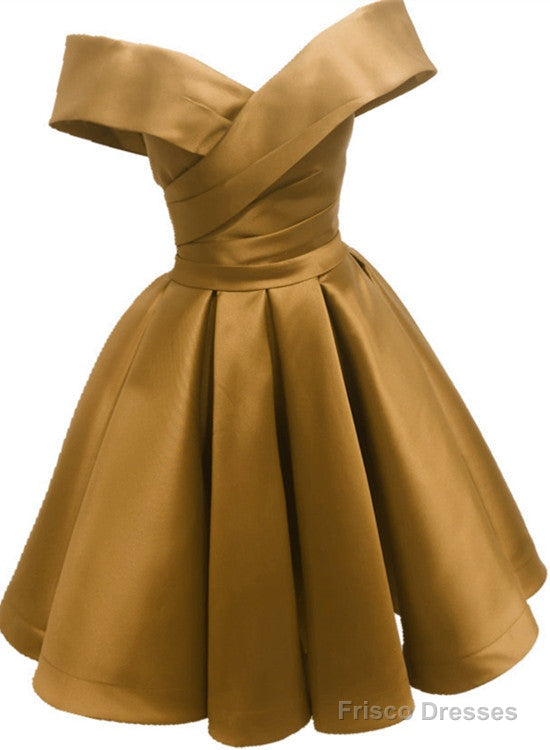 Champagne Satin Short Off Shoulder Bridesmaid Dress, Cute Short Homecoming Dress Prom Dress Main image