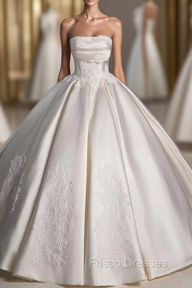 Champagne Satin Strapless Lace Wedding Dress Main image
