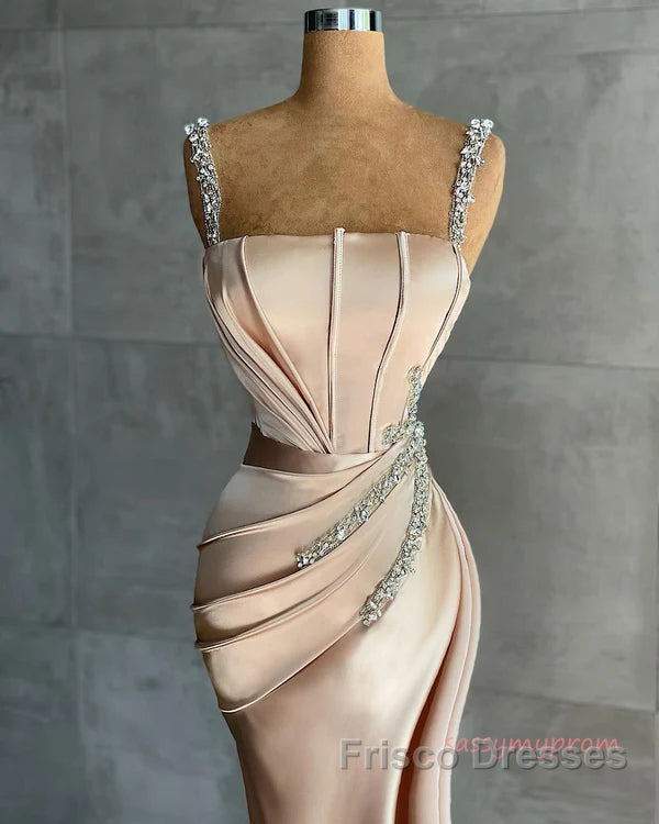 Champagne Satin Straps Beading Mermaid Formal Prom Dress Secondary image