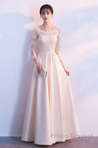 Champagne Satin With Lace Long Sleeves Formal Prom Dress Evening Dress, A-Line Simple Bridesmaid Dress