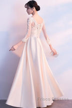 Champagne Satin With Lace Long Sleeves Formal Prom Dress Evening Dress, A-Line Simple Bridesmaid Dress