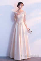 Champagne Satin With Lace Long Sleeves Formal Prom Dress Evening Dress, A-Line Simple Bridesmaid Dress
