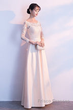 Champagne Satin With Lace Long Sleeves Formal Prom Dress Evening Dress, A-Line Simple Bridesmaid Dress