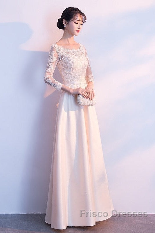 Champagne Satin With Lace Long Sleeves Formal Prom Dress Evening Dress, A-Line Simple Bridesmaid Dress