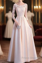 Champagne Satin With Lace Long Sleeves Formal Prom Dress Evening Dress, A-Line Simple Bridesmaid Dress