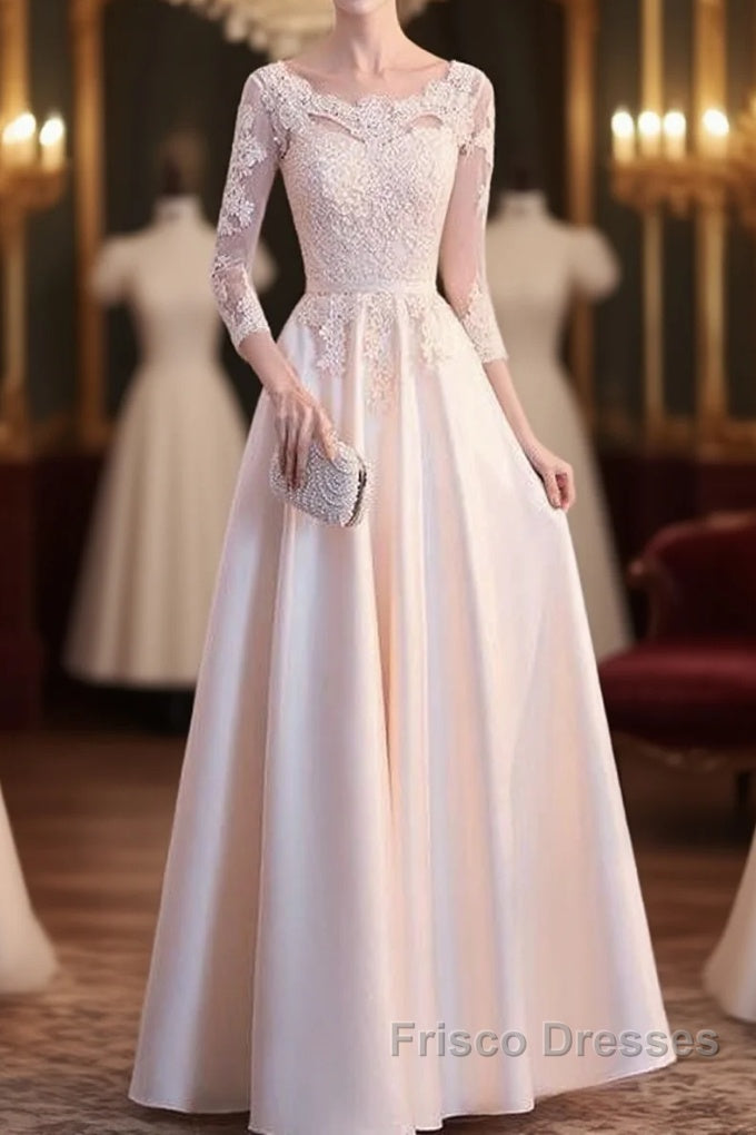 Champagne Satin With Lace Long Sleeves Formal Prom Dress Evening Dress, A-Line Simple Bridesmaid Dress