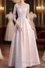 Champagne Satin With Lace Long Sleeves Formal Prom Dress Evening Dress, A-Line Simple Bridesmaid Dress