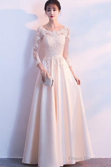 Champagne Satin With Lace Long Sleeves Prom Dress Evening Dress, A-Line Simple Bridesmaid Dresses