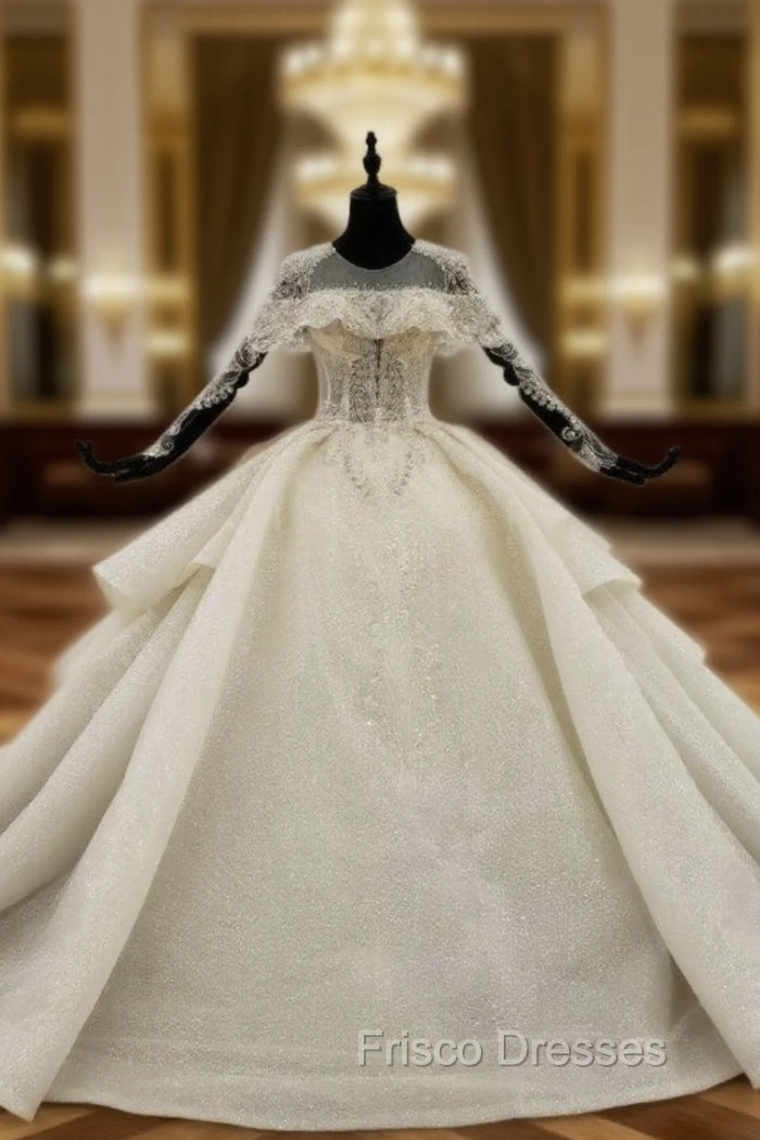 Champagne Sequins Backless Long Sleeve Beading Wedding Dress Main image