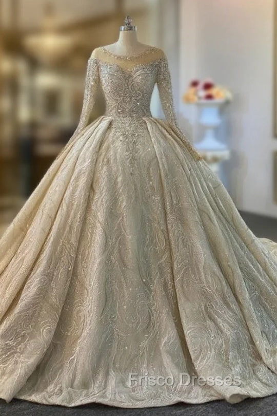 Champagne Sequins Beading Wedding Dress With Long Train Main image