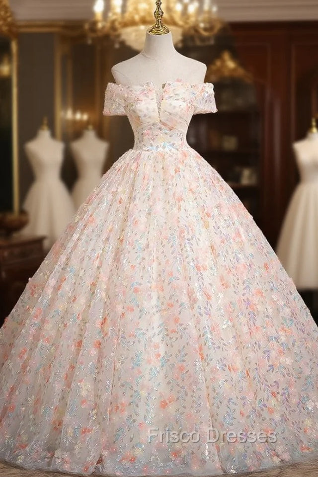Champagne Sequins Flower Off the Shoulder Quinceanera Dress Main image