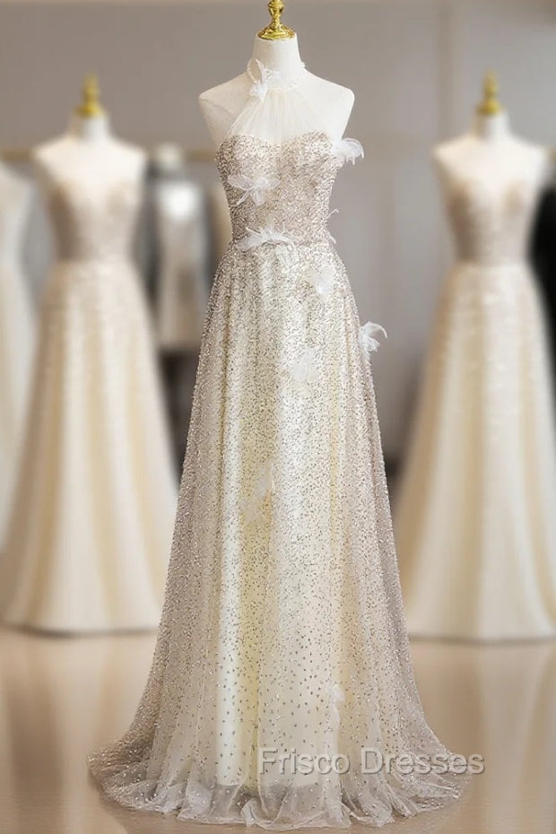 Champagne Sequins Halter 3D Flower Formal Prom Dress Main image