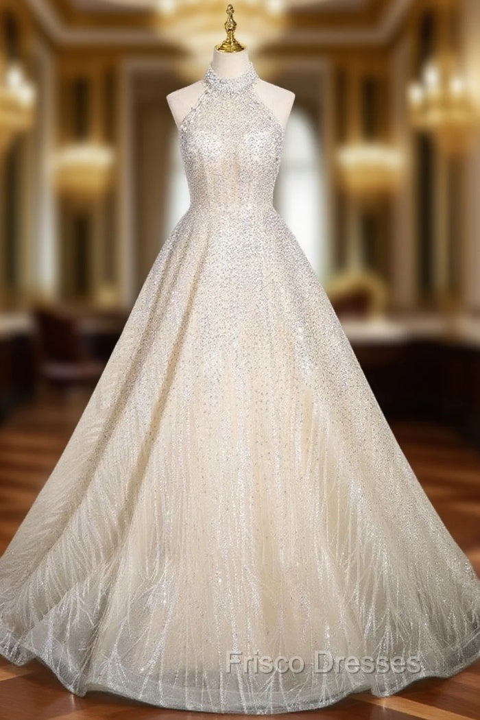 Champagne Sequins Halter Backless Beading Formal Prom Dress Main image