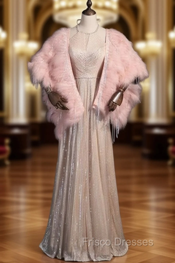Champagne Sequins Halter Beading Formal Prom With Feather Shawl Main image