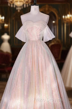 Champagne Sequins Long A-Line Formal Prom Dress, Off the Shoulder Evening Party Dress