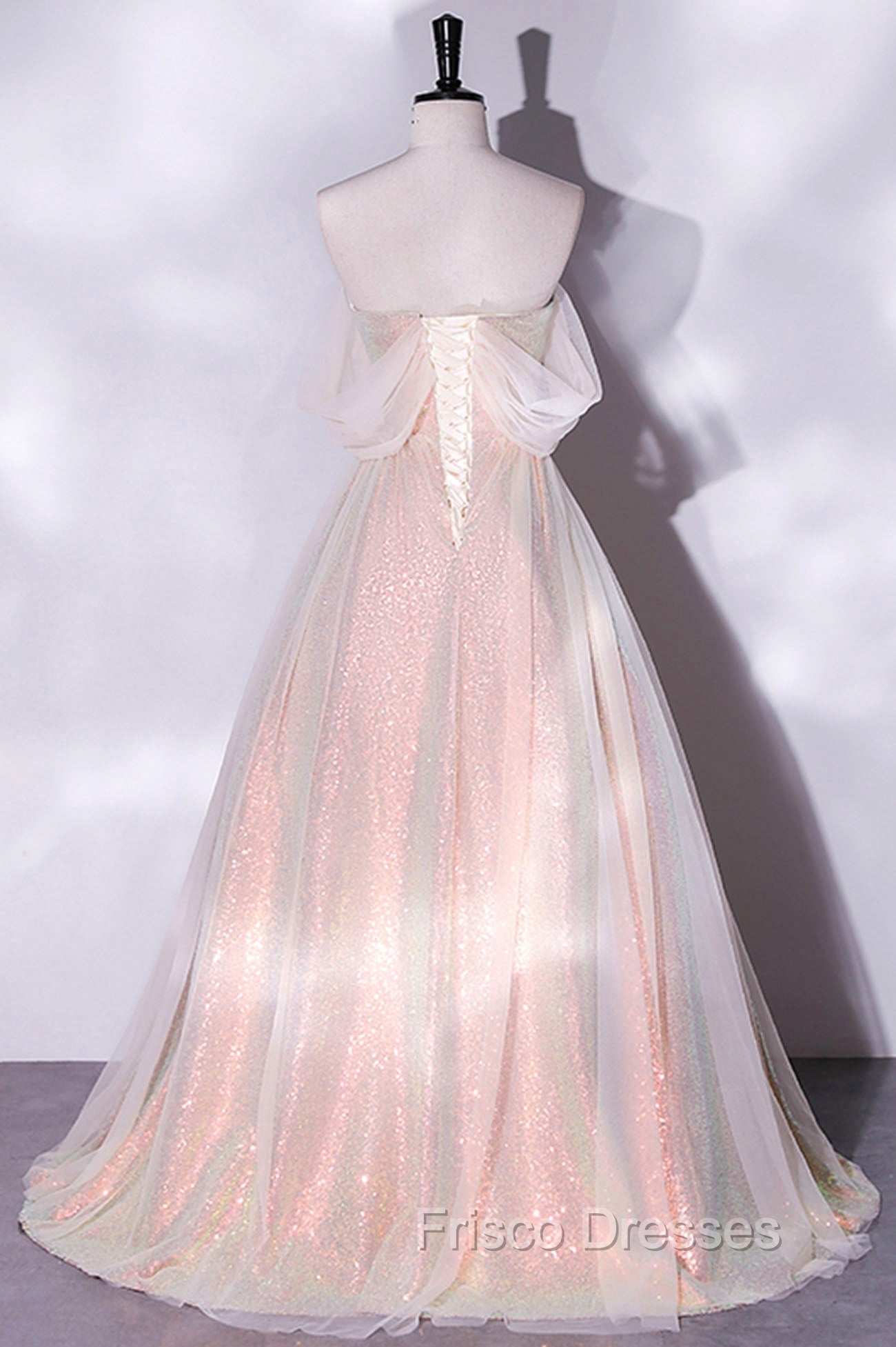 Champagne Sequins Long A-Line Formal Prom Dress, Off the Shoulder Evening Party Dress