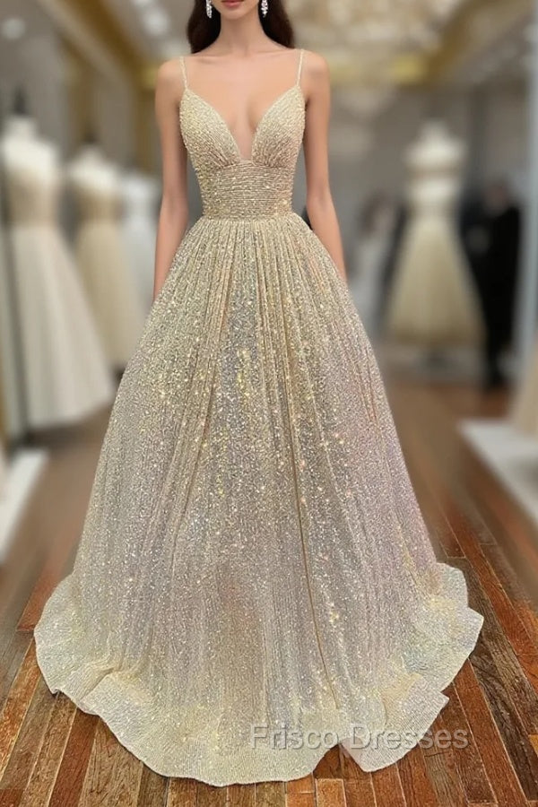 Champagne Sequins Long A-Line Formal Prom Dress, Shiny V-Neck Spaghetti Straps Party Dress