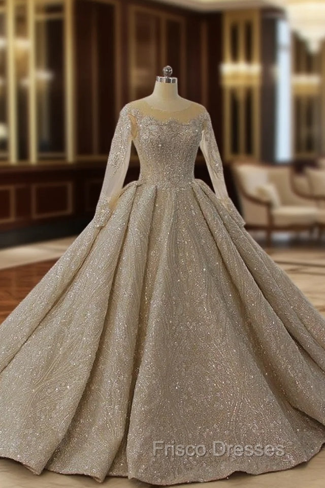 Champagne Sequins Long Sleeve Backless Wedding Dress Main image