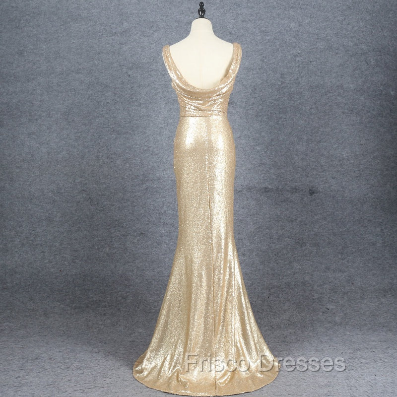 Champagne Sequins Low Back Long Bridesmaid Dress, Mermaid Formal Prom Dress Party Dress Secondary image