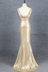 Champagne Sequins Low Back Long Bridesmaid Dresses, Mermaid Prom Dress Party Dress