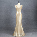Champagne Sequins Low Back Long Bridesmaid Dress, Mermaid Formal Prom Dress Party Dress