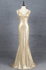 Champagne Sequins Low Back Long Bridesmaid Dresses, Mermaid Prom Dress Party Dress