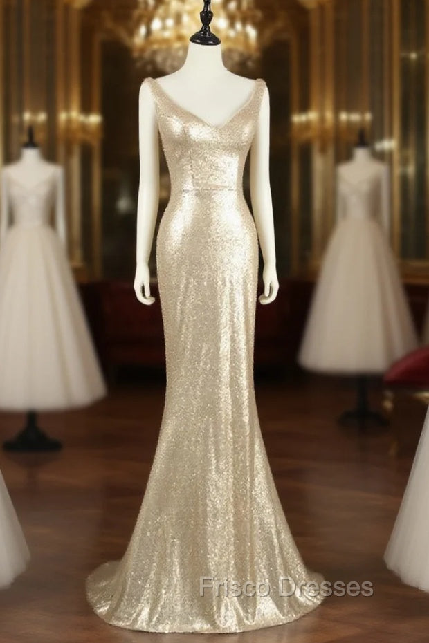 Champagne Sequins Low Back Long Bridesmaid Dress, Mermaid Formal Prom Dress Party Dress Main image