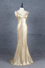 Champagne Sequins Low Back Long Bridesmaid Dresses, Mermaid Prom Dress Party Dress