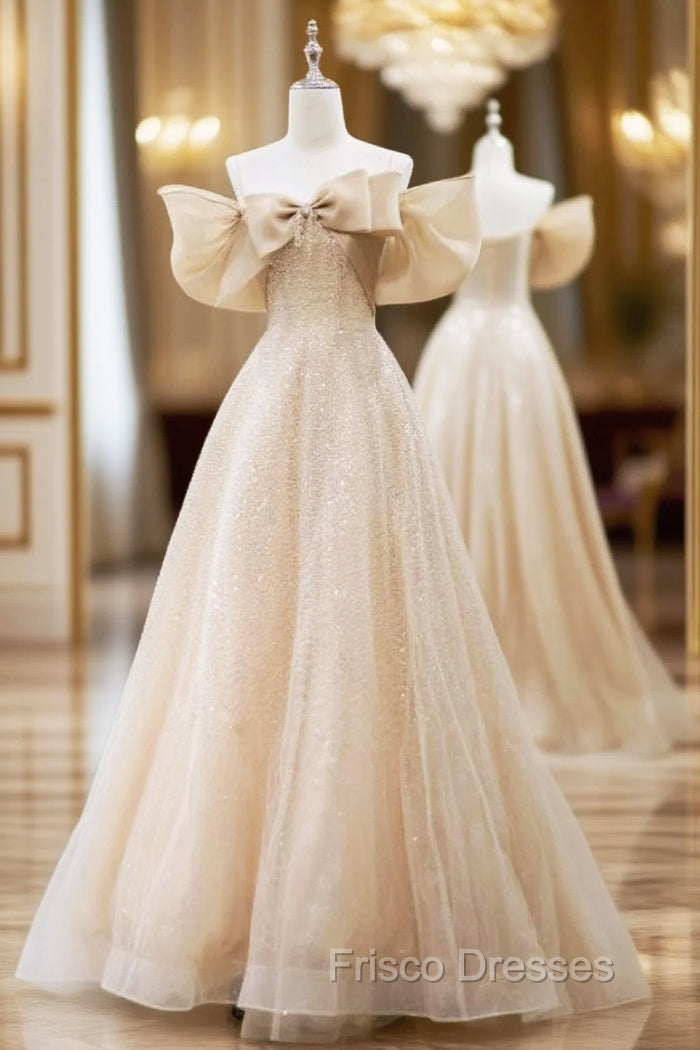 Champagne Sequins Off the Shoulder Bow Formal Prom Dress Main image