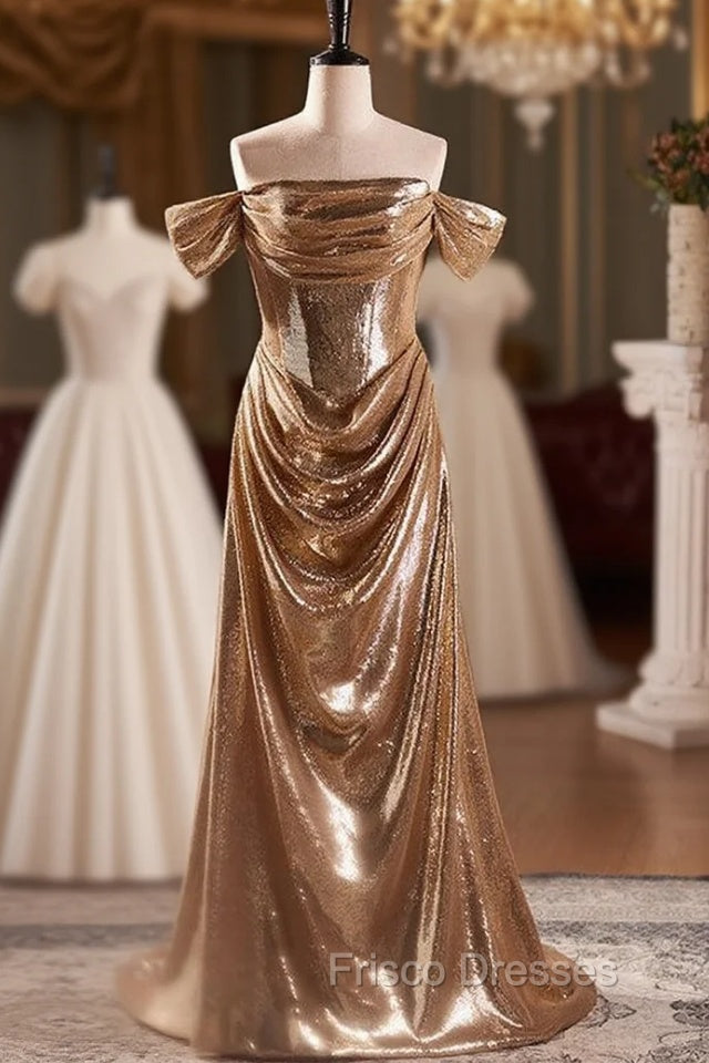 Champagne Sequins Off the Shoulder Pleats Formal Prom Dress