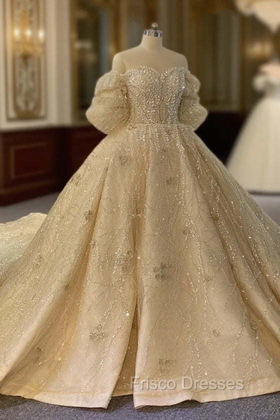 Champagne Sequins Puff Sleeve Appliques Beading Wedding Dress Main image