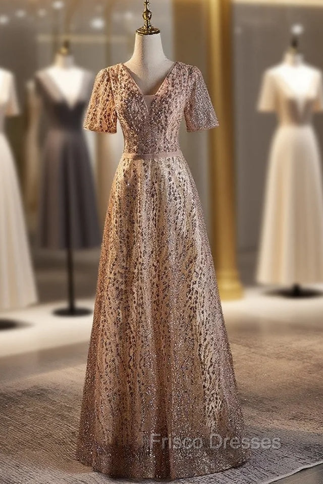 Champagne Sequins Short Sleeve Formal Prom Dress Main image