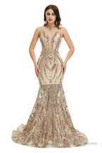 Sequins Sleeveless Floor Length Crew Neck Prom Dresses