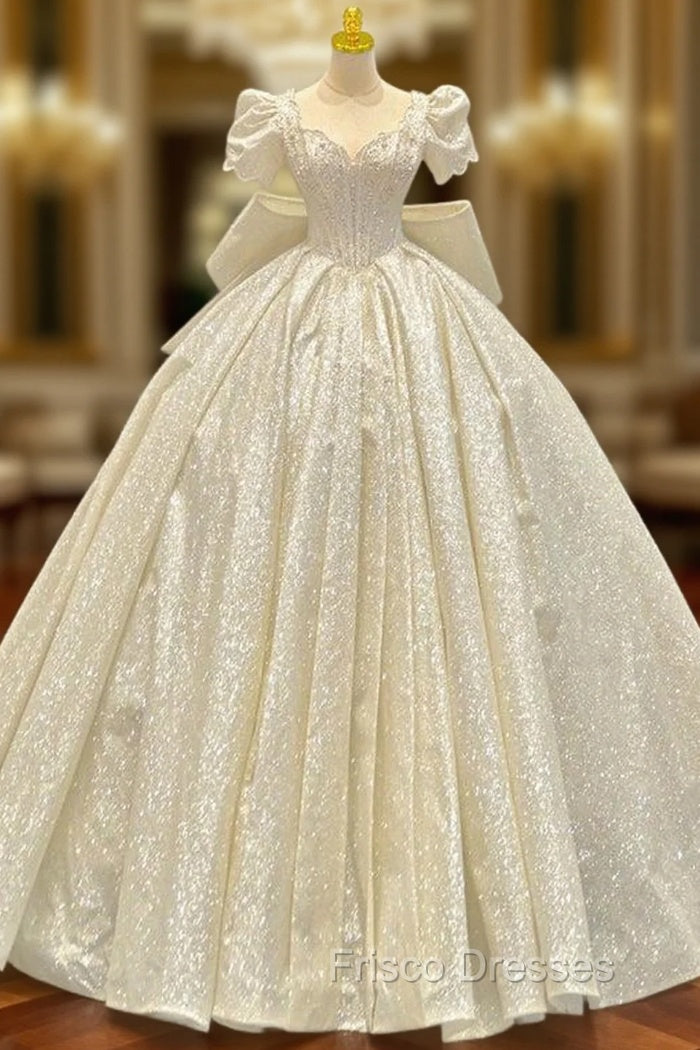 Champagne Sequins Square Puff Sleeve Beading Wedding Dress