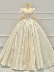 Champagne Sequins Square Puff Sleeve Beading Wedding Dress