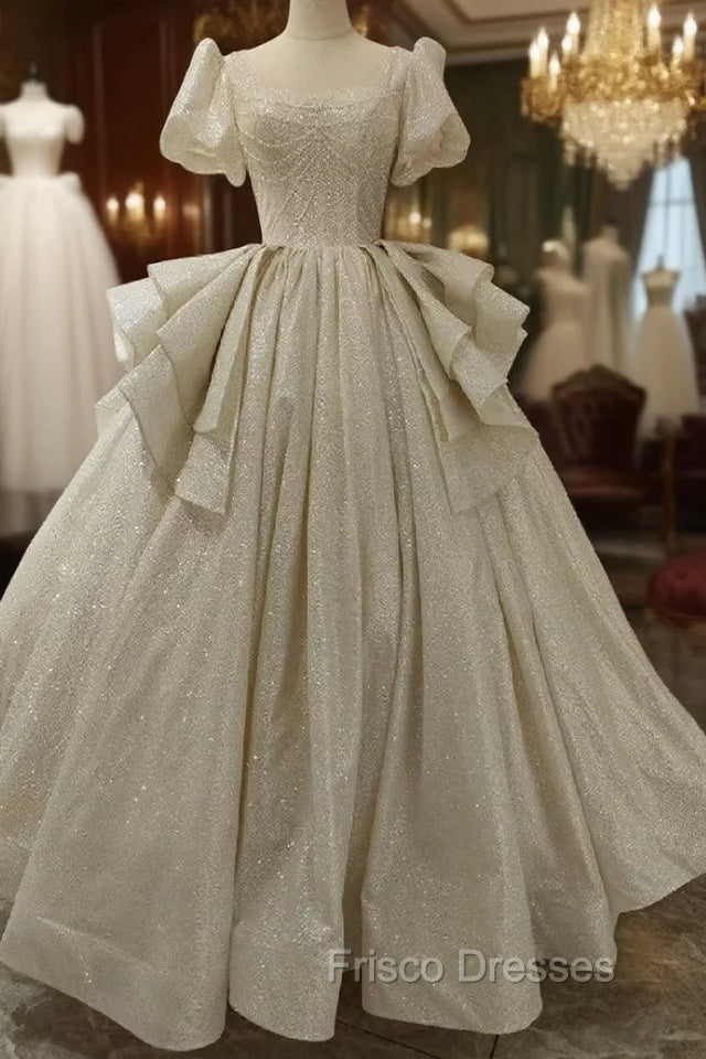 Champagne Sequins Square Puff Sleeve Wedding Dress Main image