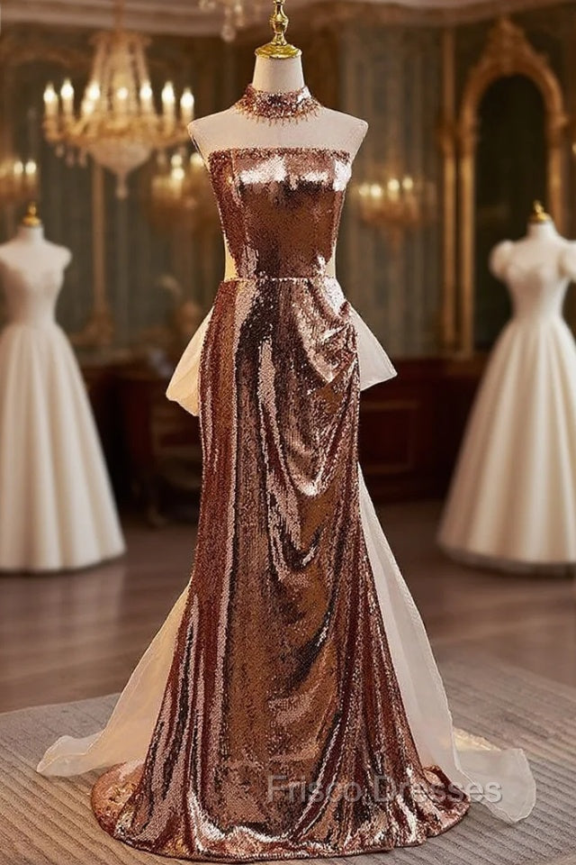 Champagne Sequins Strapless Formal Prom Dress With Bow Main image