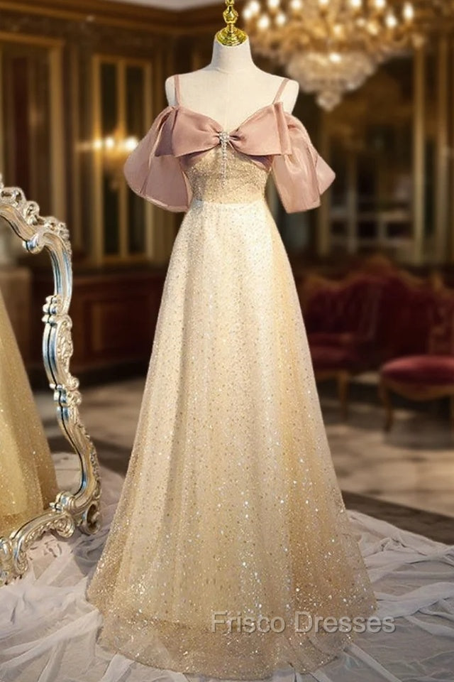 Champagne Sequins Straps Bow Formal Prom Dress Main image
