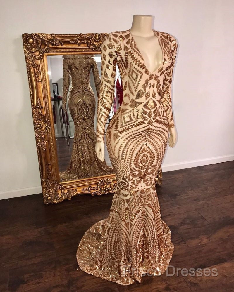 Champagne Sequins V-Neck Long Sleevess Mermaid Formal Prom Dress Secondary image