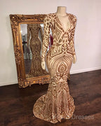 Champagne Sequins V-Neck Long Sleevess Mermaid Formal Prom Dress