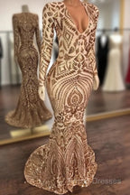 Champagne Sequins V-Neck Long Sleevess Mermaid Formal Prom Dress