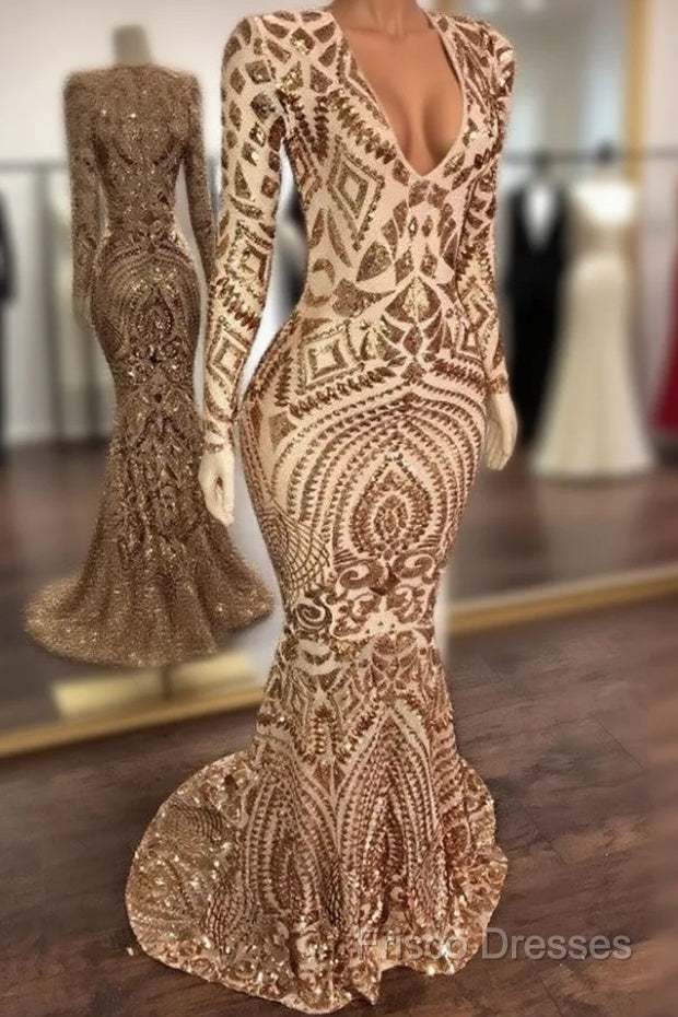 Champagne Sequins V-Neck Long Sleevess Mermaid Formal Prom Dress
