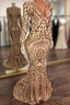 Champagne Sequins V-Neck Long Sleevess Mermaid Formal Prom Dress